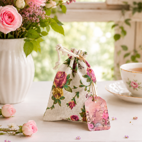 Χειροποίητα wax melts σε υφασμάτινο floral πουγκί με κορδόνι σύσφιξης, τοποθετημένα δίπλα στο πουγκί, ιδανικά για χρήση σε αρωματιστή και ως ιδιαίτερο χειροποίητο δώρο.