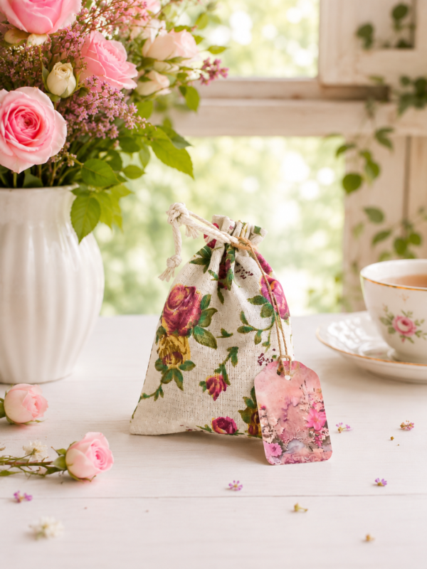Χειροποίητα wax melts σε υφασμάτινο floral πουγκί με κορδόνι σύσφιξης, τοποθετημένα δίπλα στο πουγκί, ιδανικά για χρήση σε αρωματιστή και ως ιδιαίτερο χειροποίητο δώρο.