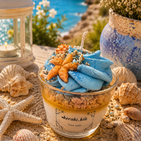 Χειροποίητο αρωματικό κερί σόγιας Sea Salt με γαλάζια σαντιγί