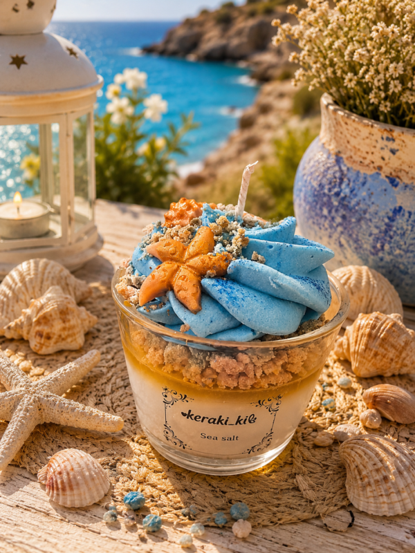 Χειροποίητο αρωματικό κερί σόγιας Sea Salt με γαλάζια σαντιγί