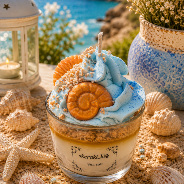 Χειροποίητο αρωματικό κερί σόγιας Sea Salt με γαλάζια σαντιγί