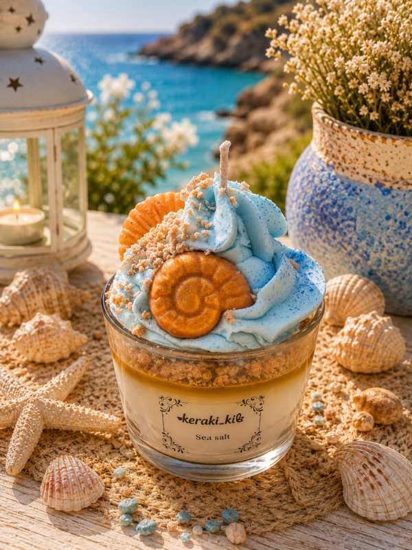 Χειροποίητο αρωματικό κερί σόγιας Sea Salt με γαλάζια σαντιγί
