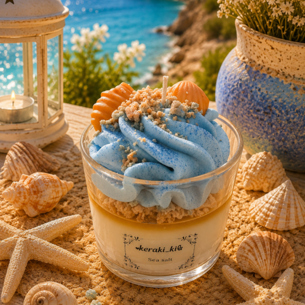 Χειροποίητο αρωματικό κερί σόγιας Sea Salt με γαλάζια σαντιγί