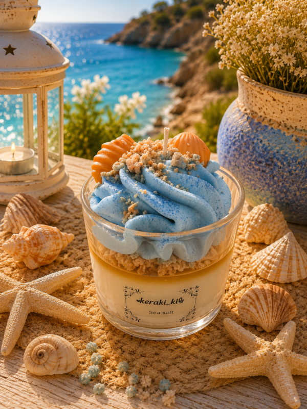 Χειροποίητο αρωματικό κερί σόγιας Sea Salt με γαλάζια σαντιγί