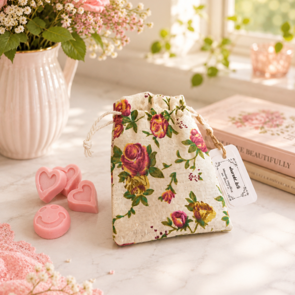Χειροποίητα wax melts σε υφασμάτινο floral πουγκί με κορδόνι σύσφιξης, τοποθετημένα δίπλα στο πουγκί, ιδανικά για χρήση σε αρωματιστή και ως ιδιαίτερο χειροποίητο δώρο.