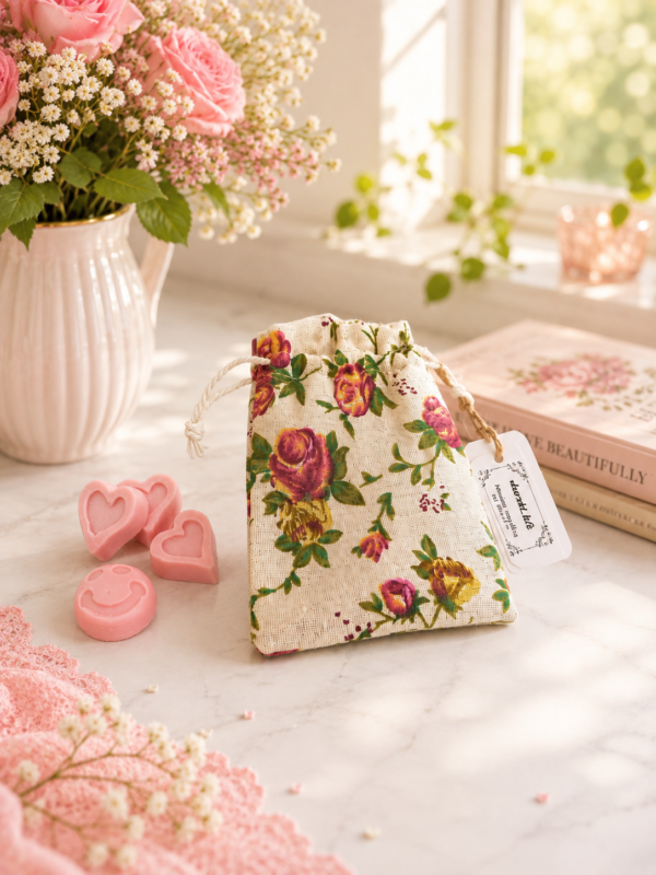 Χειροποίητα wax melts σε υφασμάτινο floral πουγκί με κορδόνι σύσφιξης, τοποθετημένα δίπλα στο πουγκί, ιδανικά για χρήση σε αρωματιστή και ως ιδιαίτερο χειροποίητο δώρο.