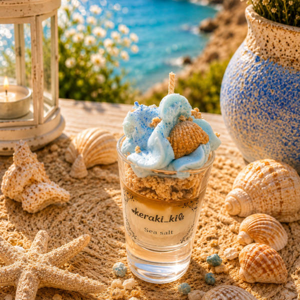 Χειροποίητο αρωματικό κερί σόγιας Sea Salt με γαλάζια σαντιγί