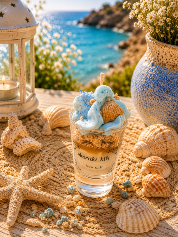 Χειροποίητο αρωματικό κερί σόγιας Sea Salt με γαλάζια σαντιγί