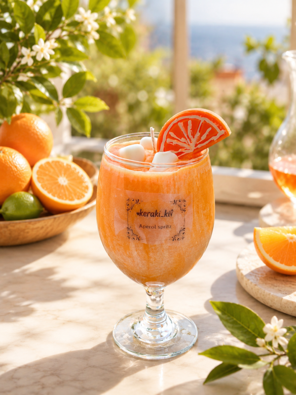 Χειροποίητο κερί Aperol Spritz σε γυάλινο ποτήρι, με πορτοκαλί αποχρώσεις, λευκές διακοσμητικές λεπτομέρειες και φέτα πορτοκαλιού.