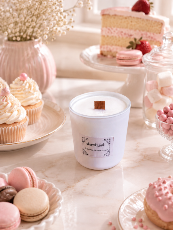 Χειροποίητο κερί της σειράς Pure Candle σε λευκό γυάλινο δοχείο με ξύλινο φιτίλι, τοποθετημένο σε φωτεινό σκηνικό με macarons, cupcakes, marshmallows και διακρικές ροζ αποχρώσεις.