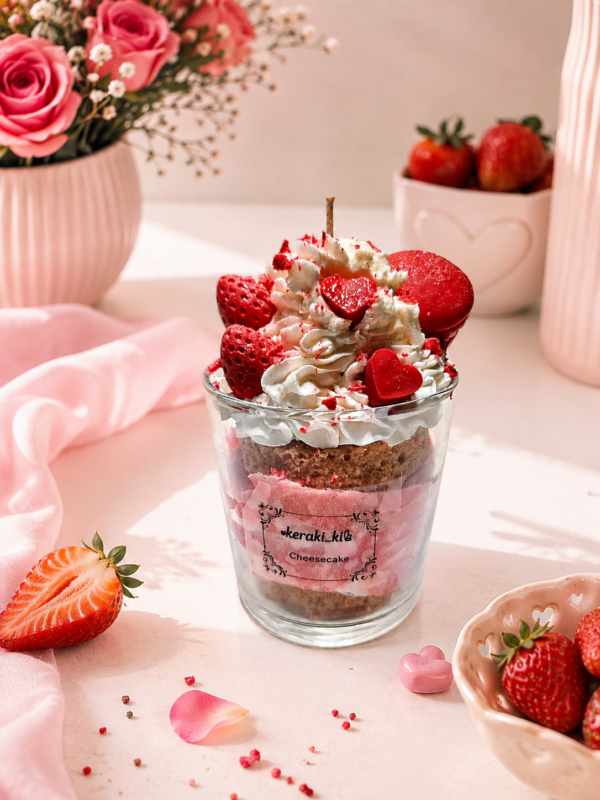 Χειροποίητο αρωματικό κερί cheesecake με ροζ στρώσεις, λευκή σαντιγί, κόκκινες φράουλες και καρδιές σε γυάλινο ποτήρι
