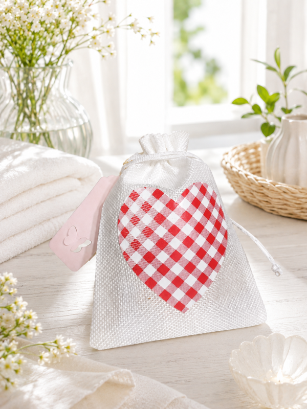 Λευκό πουγκί για wax melts 100 γραμμαρίων με κόκκινη καρό καρδιά και ροζ διακοσμητική λεπτομέρεια της keraki_ki.