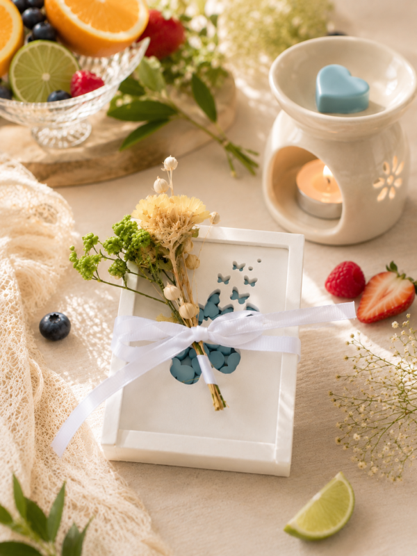 Χειροποίητα γαλάζια wax melts σε σχήμα καρδιάς με αποξηραμένα λουλούδια και λευκή κορδέλα.